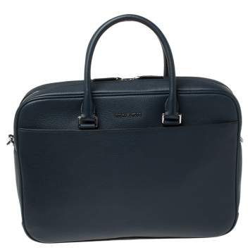 Pre Owned Michael Kors Navy Blue Leather Cooper Double Zip Casual Briefcase 