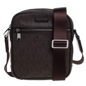 Pre Owned Michael Kors Brown Signature Coated Canvas and Leather Crossbody Bag