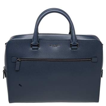 Pre Owned Michael Kors Navy Blue Leather Harrison Front Zip Briefcase