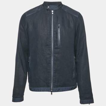 Michael Kors Navy Blue Nylon Trim Linen Zip-Up Jacket M