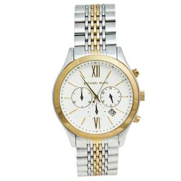 Pre Owned Michael Kors White Two Tone Stainless Steel Brookton MK8306 Men's Wristwatch 45 MM