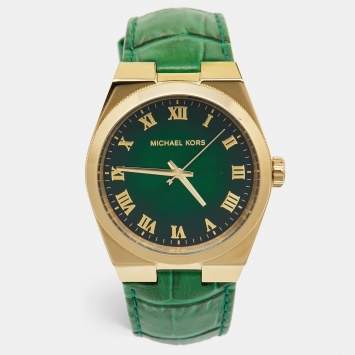 Pre Owned Michael Kors Green Gold Plated Stainless Steel Leather Channing MK2356 Unisex Wristwatch 38 mm 