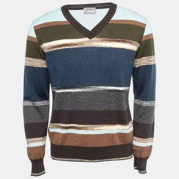 Pre Owned Missoni Sport Multicolor Patterned Wool Knit V-Neck Sweater L