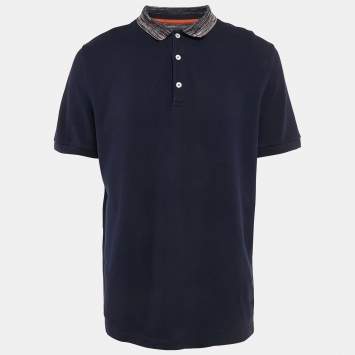 Pre Owned Missoni Navy Blue Cotton Pique Patterned Collar Polo T-Shirt XL