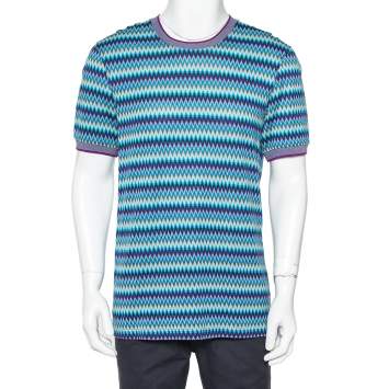 مملوكة مسبقًا Missoni Blue Chevron Patterned Cotton Knit Roundneck T-Shirt XL