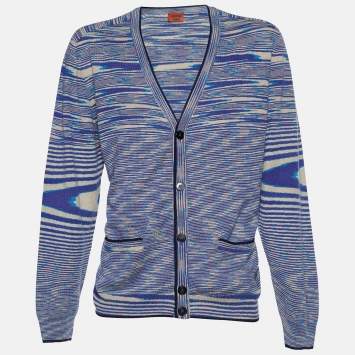 Pre Owned Missoni Blue Striped Cashmere Knit Button Front Cardigan 3XL