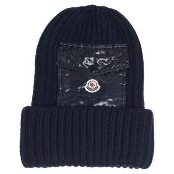 Pre Owned Moncler Navy Blue Ribbed Wool & Synthetic Pocket Patch Detail Beanie 