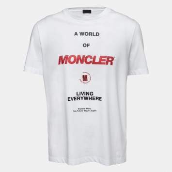 Pre Owned Moncler White Typography Print Cotton Crew Neck T-Shirt L
