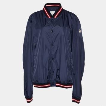 Pre Owned Moncler Navy Blue Synthetic Front Buttoned Varsity Jacket XXL