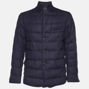 Pre Owned Moncler Navy Blue Wool Rodin Quilted Down Jacket XL