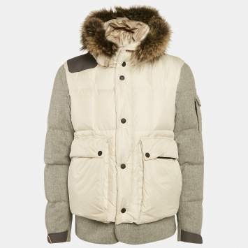 Pre Owned Moncler Beige Coyote Fur Trim Synthetic and Wool Colmiane Guibbotto Down Jacket L