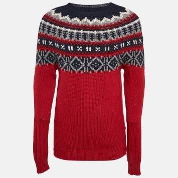 Pre Owned Moncler Red/Blue Intarsia Wool Knit Mock Neck Sweater L
