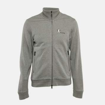 Pre Owned Moncler Grey Logo Print Cotton Knit Zip-Up Jacket M