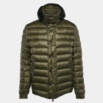 Pre Owned Moncler Khaki Green Nylon Zip-Up Gergy Down Jacket L