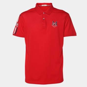 Pre Owned Moncler Red Cotton Pique Logo Patch Polo T-Shirt XL