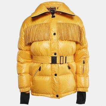 Pre Owned Moncler Yellow Nylon Button Front Fringe Detail Quilted Down Jacket L