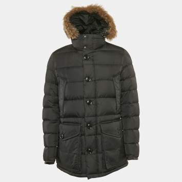 Pre Owned Moncler Black Real Fur Trim Nylon Hooded Down Jacket L