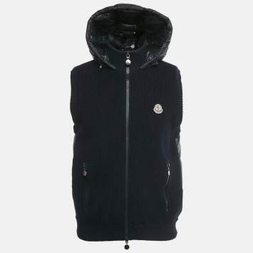 Pre Owned Moncler Navy Blue Wool & Synthetic Logo Patch Hooded Down Vest XL