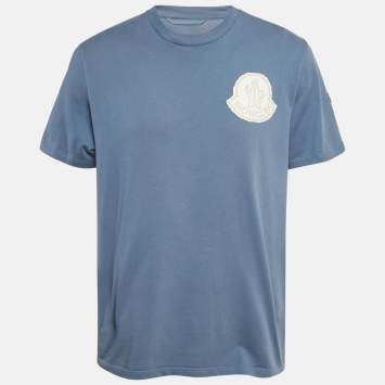 مملوكة مسبقًا Moncler Blue Jersey Pixelated Logo Jersey Crewneck T-Shirt L