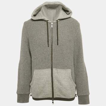 مملوكة مسبقًا Moncler Grey  Rib Knit and Nylon Hooded Jacket L