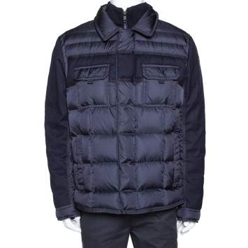 Pre Owned Moncler Navy Blue Down Quilted Wool Trim Blais Jacket 4XL