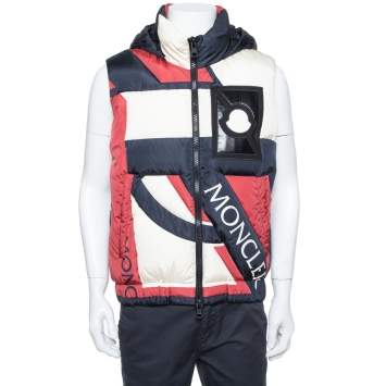 Pre Owned Moncler Tricolor Synthetic Down Filled Sleeveless Hooded Puffer Gilet S