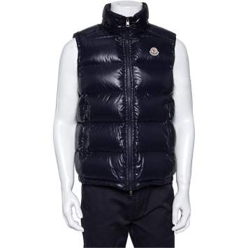 Pre Owned Moncler Midnight Blue Synthetic Quilted Sleeveless Hooded Lacet Gilet L
