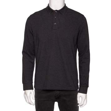 Pre Owned Moncler Grey Cotton Pique Long Sleeve Polo T-Shirt XL