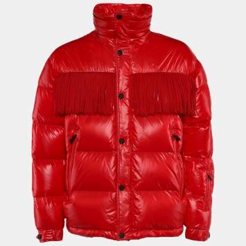 Pre Owned Moncler Red Synthetic Down Fringe Trimmed Arlaz Puffer Jacket XL