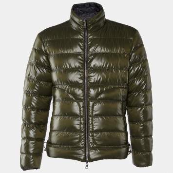 Pre Owned Moncler Black & Green Logo Printed Quilted Reversible Pouctal Jacket L