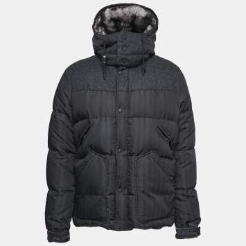 Pre Owned Moncler Black Chevron Patterned Synthetic Hooded Puffer Jacket 