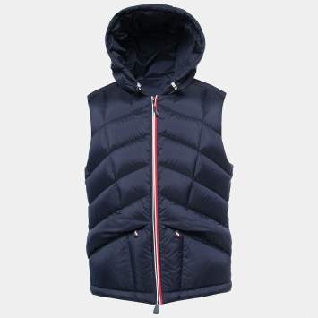 Pre Owned Moncler Navy Blue Synthetic Quilted Hooded Puffer Vest L
