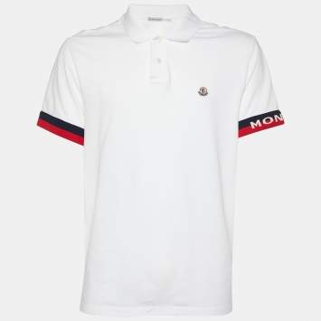Pre Owned Moncler White Cotton Pique Logo Sleeve Trim Polo T-Shirt XXL