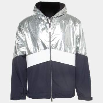 Pre Owned Moncler Silver/Navy Blue Synthetic Quinic Hooded Jacket L