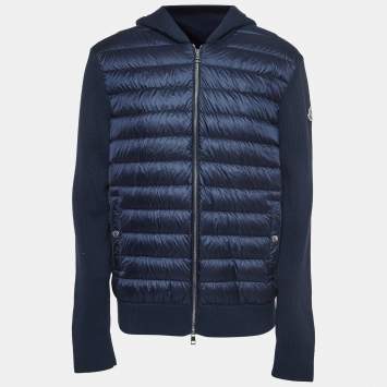 Pre Owned Moncler Navy Blue Cotton Knit and Quilted Nylon Down Tricot Cardigan XL