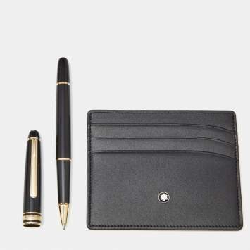 Pre Owned Montblanc Black Meisterstuck Classique Resin Leather Gold Tone Pen Card Holder Set