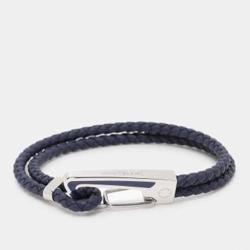 Pre Owned Montblanc Navy Blue Woven Leather Cord Wrap Me Bracelet