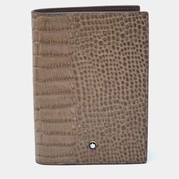 Pre Owned Montblanc Beige Croc Embossed Leather Meisterstuck Bifold Business Wallet