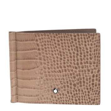 Pre Owned Montblanc Beige Croc Embossed Leather Meisterstuck Money Clip Bifold Wallet
