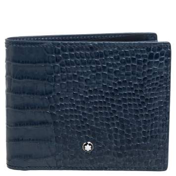 Pre Owned Montblanc Blue Croc Embossed Leather Meisterstuck Bifold Wallet