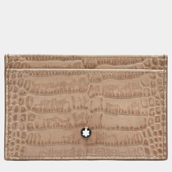 Pre Owned Montblanc Beige Croc Embossed Leather Business Card Holder