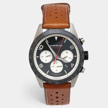 Pre Owned Montblanc Black Ceramic Stainless Steel Calfskin Timewalker 19942 Men's Wristwatch 43 mm