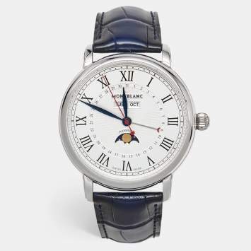 مملوكة مسبقًا ساعة يد رجالية مونت بلانك ستار ليجاسي فول كاليندر M129178 ميناء فضي ستانلس ستيل جلد تمساح 42 مم