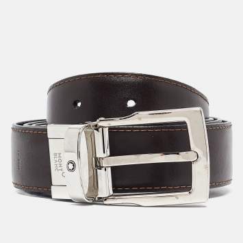 مملوكة مسبقًا Montblanc Dark Brown/Black Leather Cut to Size Buckle Belt