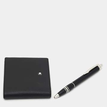Pre Owned Montblanc Starwalker Resin Leather Silver Tone Pen Wallet Set