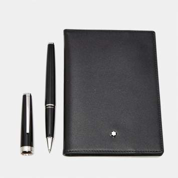 Montblanc Resin Leather Silver Tone Passport Cover and Pen Set