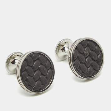 مملوكة مسبقًا Montblanc Monograin Black Leather Inlay Steel Cufflinks