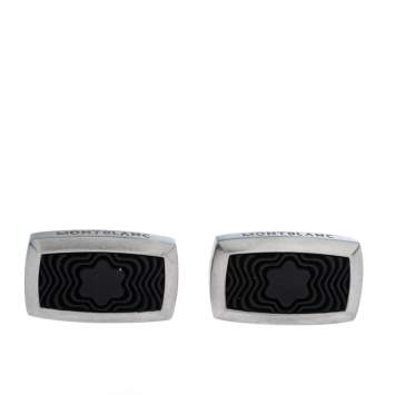 Pre Owned Montblanc Star Black Textured Inlay Silver Tone Rectangular Cufflinks