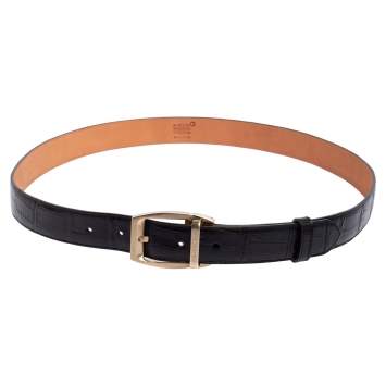 Pre Owned Montblanc Black Croc Embossed Leather Buckle Belt 100CM