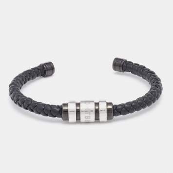 Pre Owned Montblanc Silver Leather Braided Open Cuff Bracelet